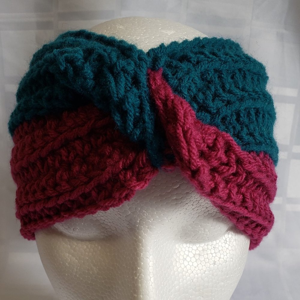 Teal & Magneta Twisted Ear Warmer